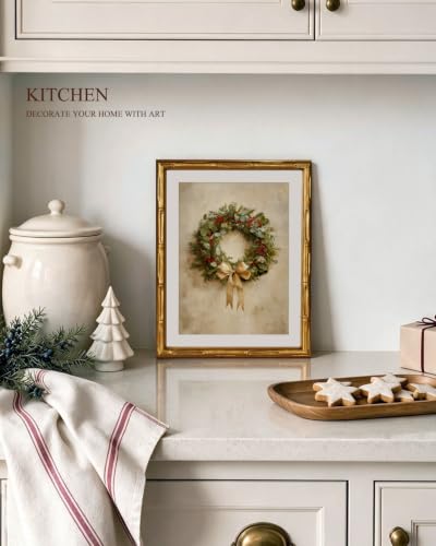 InSimSea Gold Bamboo Framed Christmas Wall Art, Retro Berry Wreath, 11x14In - color: Christmas Berry Wreath
