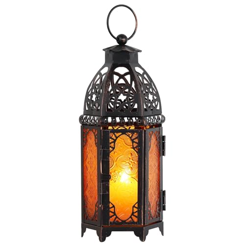 Ramadan Lanterns Decorative Indoor & Outdoor, 11’’ Medium Size Vintage Metal Hanging&Tabletop Candle Holder Decor, Halloween Christmas Moroccan Decorations for Home Porch Patio (Amber) - color: Amber - 11''h, size: Medium