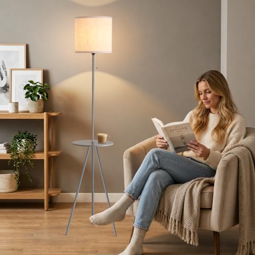 Floor Lamp with Side Table, Linen Shade, Standing Lamp for Living Room - color: Dark Grey