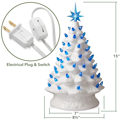Casafield Hand Painted Ceramic Christmas Tree, White 15-Inch Pre-Lit Tree with 128 Pink and Blue Lights and 2 Star Toppers - color: White Pink Blue Lights