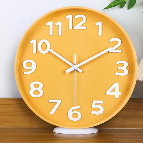 45MinST 12-Inch Modern Yellow Indoor/Outdoor Wall Clock, Silent Non-Ticking, Large Numbers, Accurate Timekeeping, Perfect Decorative Accent for Home or Office (Yellow) - color: 12''yellow