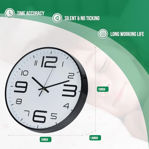 Wall Clock Modern Non-Ticking Battery Operated Wall Clocks Silent Quartz Movement Round Decor Clock Trendy and Practical Simple Style Best Gift for Office/Home/School (White-Black, 12 inch) - color: White-black