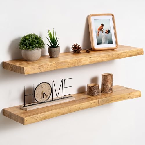 fuqing Live Edge Floating Shelves for Wall, 30 Inch Solid Elm Wood Shelves - color: Natural Elm Live Edge - 8"d, size: 30"L - 2Packs