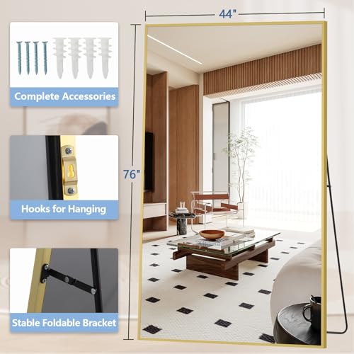 MirrMuse Oversized Standing Mirror Full Length, 76"X44" Extra with Stand - color: Gold, size: 76"L x 44"W