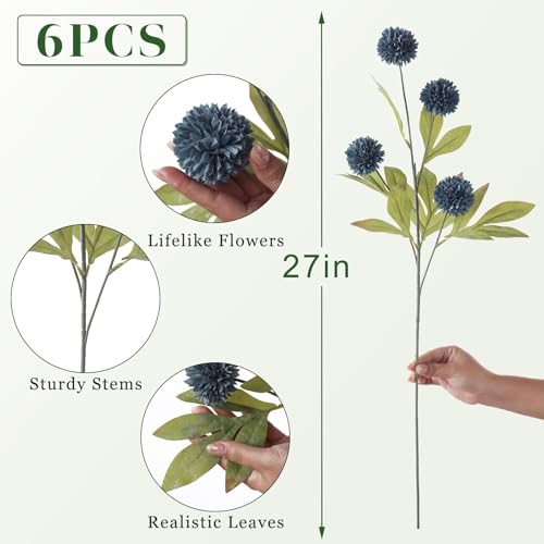 6 Pcs 27"Artificial Pompon Mum Silk Flower Stems for Vase (Dark Blue) - color: Dark Blue