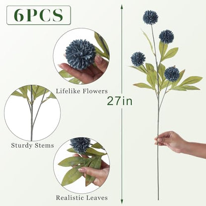 6 Pcs 27"Artificial Pompon Mum Silk Flower Stems for Vase (Dark Blue) - color: Dark Blue