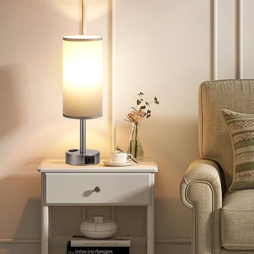 Fenmzee Grey Bedside Lamp for Bedroom, Dimmable Touch, USB A+C, AC Outlet - color: Grey - Grey, size: 14"