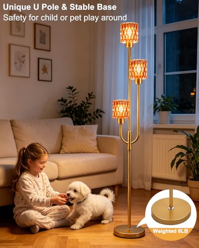 66IN Glass Floor Lamp 3-Light Modern Red Glass Gold Dimmable Floor Lamps - color: Deep Red Cylinder-Gold