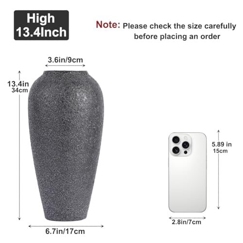 Rustic Ceramic Vase – 13.4" Large Black Ceramic Vase for Home Decor, Modern Terracotta Floor Vase for Living Room, Entryway, Kitchen, Black Vases for Centerpieces, Housewarming Gifts