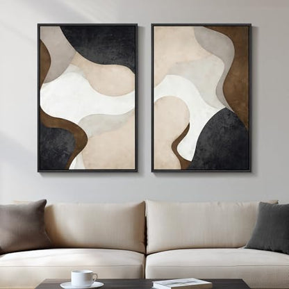 Large Framed Modern Beige Brown Abstract Canvas Wall Art Set of 2, 20x30 In - color: Fluid Shapes, size: 20" W x 30" H x 2Pcs