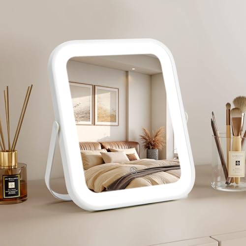 Rechargeable Vanity Mirror with Lights, 10"×8" Makeup Mirror with Lights, 1500mAH Battery, Smart Touch with 3-Color Lighting, Dimmable, HD Desk Mirror, Women Gift, Travel Essentials (White) - color: White, size: 10"L x 8"W