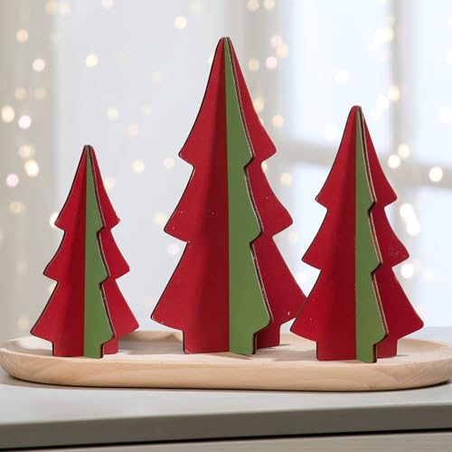 Your Heart's Content Set of 3 Holly Green Interlocking Wood Trees, Handmade USA Classic Curated Color Combination, Winter Tabletop Display, Christmas Tree Mantel (Set 3 Holly Green) - color: Set 3 Holly Green