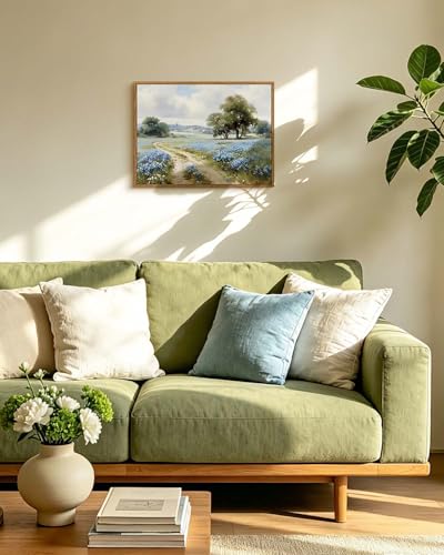WHASAYART Framed Pastoral Landscape Oil Painting Wall Art 12"x16" - color: Blue Wildflower, size: 16"L x 12"W
