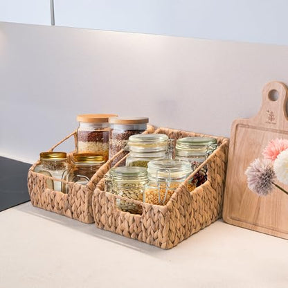 KOKODO 2-Pack Open Front Pantry Baskets, Handwoven Water Hyacinth Wicker Storage Baskets with Built-in Handles, Organizing Bins for Shelves - size: 17.25x9.5x7.5