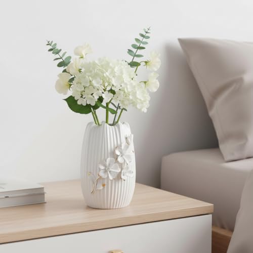 White Ceramic Vase,7 Inch Textured Modern Flower Vase - color: White, size: 7 inch