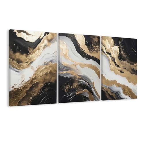 EJPFOGV Triptych Black White Gold Wrapped Canvas Wall Art 16x24 inches x3 | Wooden frame, UV-resistant ink, Giclée printing process, Pre-installed hooks make it easy to hang home or office wall decor - color: Gilded, size: 24"L x 16"W