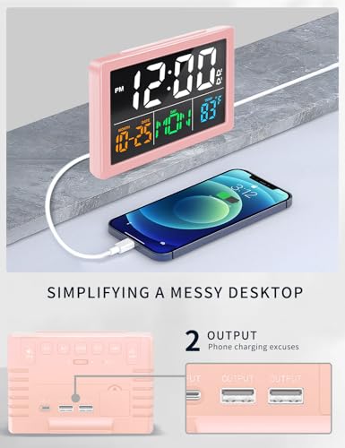 JALL Digital Clock with Date Day for Seniors, Electric Alarm Clocks for Bedrooms with Temperature, 2 Alarms, Dimmer, Dual USB Charger, Battery Backup, Volume Control, Snooze, Bedside Desk Clock, Pink - color: Pink