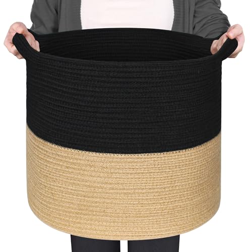 MEGASKET Large Woven Storage Basket, 16" x 14" Cotton and Jute Rope Basket for Blankets, Toys, Pillows, Big Laundry Basket with Handle, Decorative Living Room Storage, Dog Toy Bin, Black and Natural - color: Black & Natural, size: 16"D x 14"H