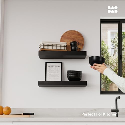 Solid Wood Floating Shelves For Wall 16 inch Black, Bathroom Wooden Shelf - color: Black, size: 16 Inch