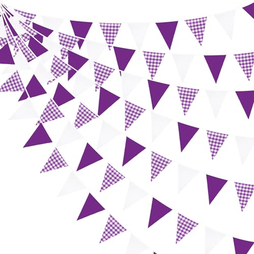 32Ft Purple Party Decorations Purple Buffalo Plaid Checkered White Triangle Flag Gingham Pennant Banner Fabric Garland for Wedding Birthday Picnic BBQ Outdoor Lavender Mermaid Party Decor Supplies - color: Purple Checkered