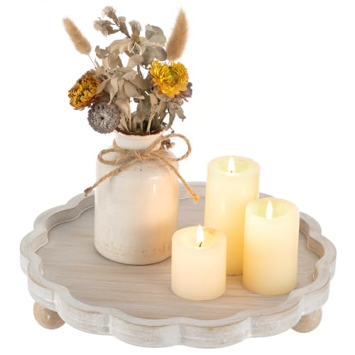 Hanobe Wood Decorative Tray for Home Decor, Round Candle Holder Plate 11.6"