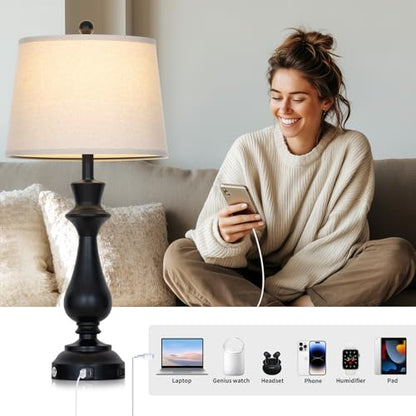 Cinkeda Touch Lamps for Night Stand - 29.5" Tall Bedside Lamp with USB C+A, 3 Way Dimmable Bedroom Lamps, Black Metal Table Lamps for Living Room,Single Black - color: Black-1P