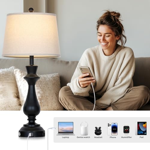 Cinkeda Touch Lamps for Night Stands Set of 2-29.5" Tall Bedside Lamp with USB C+A, 3 Way Dimmable Bedroom Lamps, Black Metal Table Lamps for Living Room - color: Black
