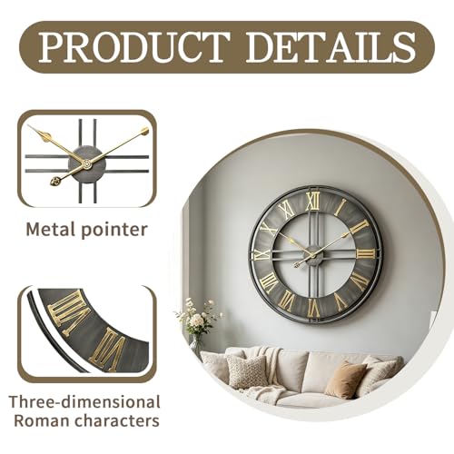 Dankeit Large Wall Clock,24inch Metal Wall Clocks,Quality Quartz Movement Roman Numerals Clock for Living Room Bedroom Kitchen Decor,Silent Oversize Clock Battery Powered - color: F