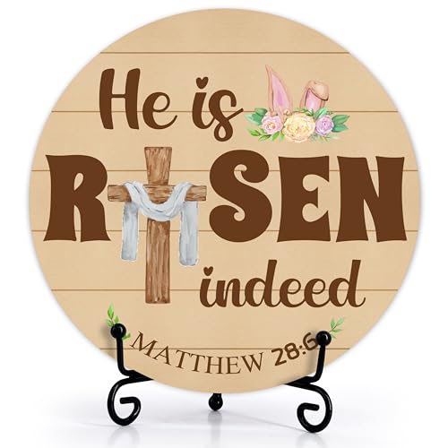 He Is Risen Wood Sign, Happy Easter Decor For Home Office Farmhouse Bedroom Shelf, Spring Floral Table Decoration For Easter Party, Religious Wooden Round Decor Gifts For Women Men Friends -39 - color: He Is Risen Indeed