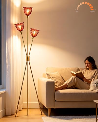 Lightdot Red Glass Tripod Floor Lamp Dimmable Gold Floor Flower Lamps - color: Red-Gold-79F