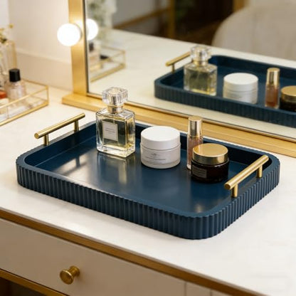 Rectangle Modern Wood Serving Tray with Metal Handles, High Gloss Blue Finish, 16x12 Inch Coffee Table Ottoman Tray for Storage and Display (Blue) - color: Blue