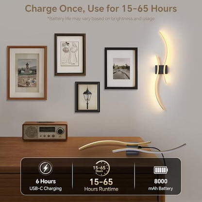 Wireless Wall Sconces Set of Two, Dimmable, 3CCT, Up to 65H Runtime - color: Black and Gold, size: 31.5 inches (2 Pack)