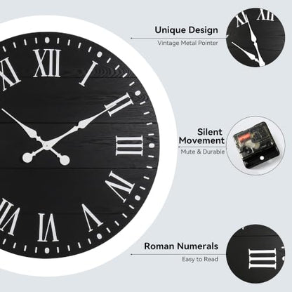 Large Wall Clock with Roman Numeral, 24” Shiplap Farmhouse Clock - color: Black, size: 24 Inch