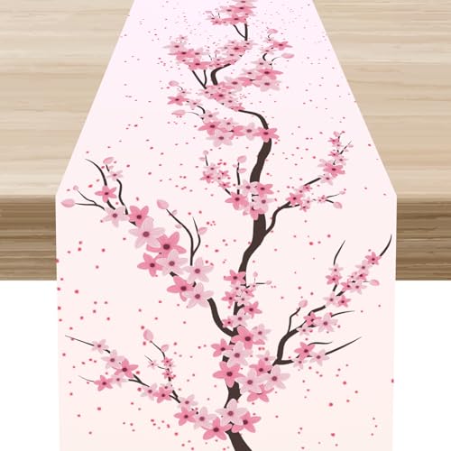 Cherry Blossom Table Runner, Japanese Pink Floral Asian Oriental Eastern Floral Seasonal Print Table Decor for Family Kitchen Farmhouse Holiday Party Table Decorations Indoor or Outdoor 13x36 inch - color: Cherry Blossom-4, size: 13x36" Table Runner