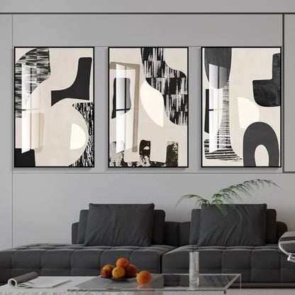 QKF 3Pcs Black White Abstract Crystal Geometric Framed Canvas Wall Art Set - color: Black and white, size: 16" X 24" X 3 pieces