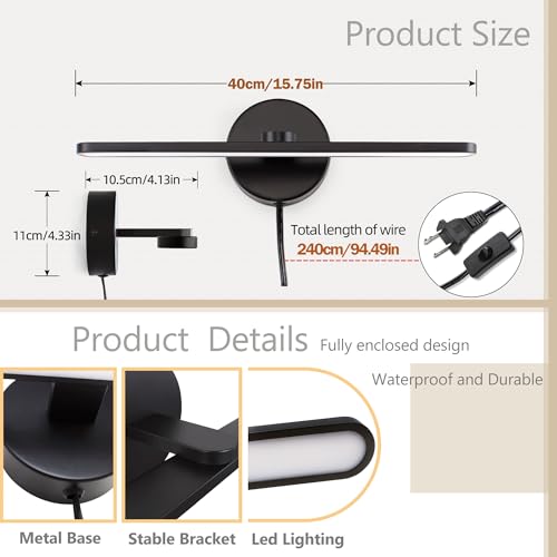MantoLite LED Vanity Lighting Fixtures, Wall Mounted Plug in Light Fixtures - color: Black, size: 16 inches