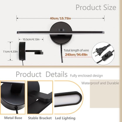 MantoLite LED Vanity Lighting Fixtures, Wall Mounted Plug in Light Fixtures - color: Black, size: 16 inches