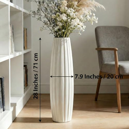 White Tall Ceramic Floor Vase, 28 Inch, Ribbed Drum Design - color: Vertical Stripes, size: Height-28 Inch