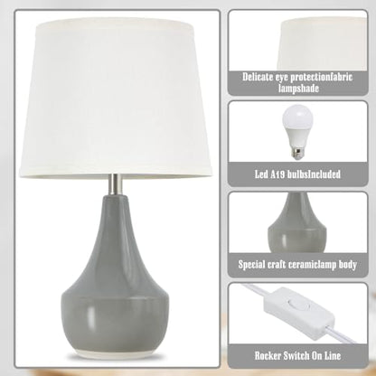 GyroVu 18" Table Lamp Set of 2, Ceramic Table Lamp Classic Beside Lamps Nightstand Lamp Modern Lamp for Living Room, Bedroom & Office Rocker Switch Grey-LED Bulbs Included - color: 18.63" Grey