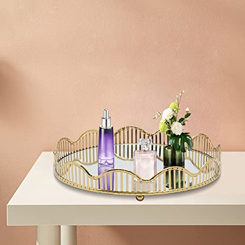 Mirrored Tray, Curve Gold Rectangle Glass Mirror Centerpieces, Makeup Bathroom Tray Home Vanity for Dresser Coffee Bathroom Living Room