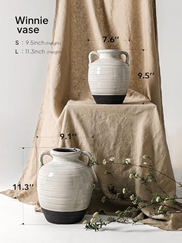 Large White Ceramic Vase with 2 Handles, 11.3 Inch, Farmhouse Rustic - color: Winnie - Aurora White, size: L(10.8"-11.8")