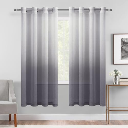 DWCN Grey Ombre Sheer Curtains 63 Inches Long for Living Room 2 Panels Set - color: Grey, size: 52"W x 63"L (Pack of 2)