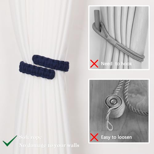 NICEEC 2 Pack Natural Cotton Rope Curtain Tiebacks Farmhouse Rustic Style Decorative Drape Tie Backs Handmade Braided Curtain Holdbacks for Home & Office Sheer/Light Weight Drapery (C-Dark Blue-L) - color: Dark Blue-large, size: 2 Pack