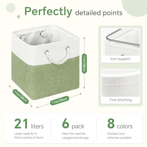 FinishingBo 11 inch Cube Storage Bin with Handles 6 Pack - color: White/Green-6 Pack