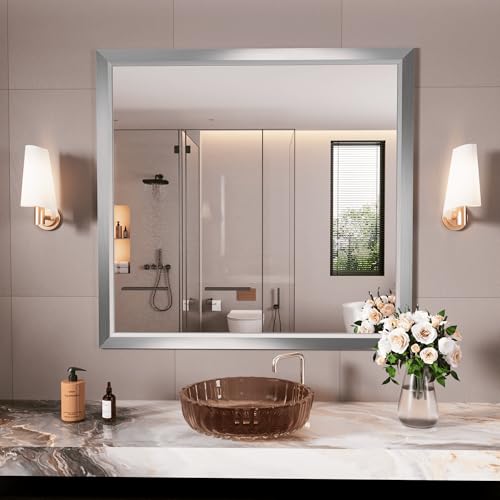 Amorho Bathroom Mirror for Wall 40x38 Inch, Brushed Silver Metal Framed - color: Silver, size: 40"L x 38"W