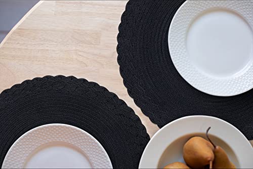 SHACOS Round Placemats Set of 6 Woven Round Table Mats 15 inch Braided Border Washable Cotton Polyester Circle Place Mats, Black (Pack of 2) - color: Black, size: 6 pieces (Pack of 2)