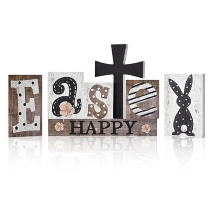 Smile 7Pcs Easter Decor Indoor Wooden Sign, Bunny Eggs Farmhouse Style Shelf Accents for Spring Holiday Home Decoration - style: Rustic Easter