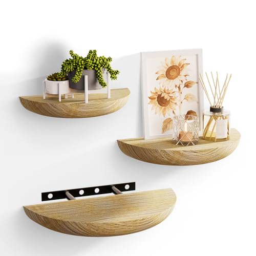 QsQueen Half Round Floating Shelves for Wall, 3 Pack Hidden Bracket Mount, Paulownia Wood, for Plants & Decor - color: Light Brown, size: lron Bracket(S+M+L)