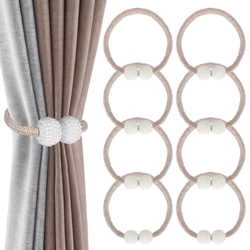8 Pack Magnetic Curtain Tiebacks with Pearls,Modern Curtain Holdbacks Strap - color: Champagne