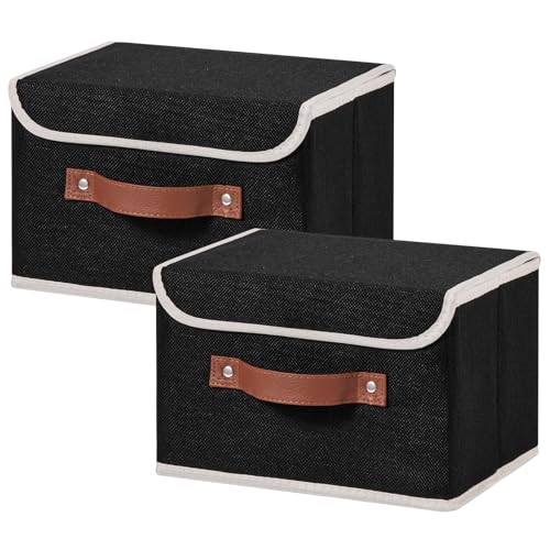 2PCS Storage Bins Boxes with Lids Decorative Fabric Baskets | Foldable Washable Stackable Lidded Clothing Container, Shelf Closet Organizer, w/ PU Leather Handles & PP Boards, Black-Small - color: Black, size: Small ( Pack of 2 )